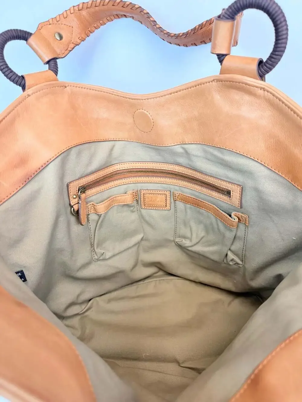 Cole Haan Canvas and Leather Tote with Green Floral Embroidery